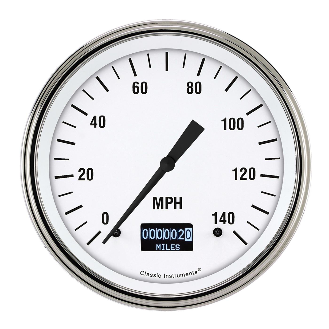 Classic Instruments White Hot Series Speedometers WH56DSLF Gauges, Speedometers, 0-140 mph, Analog, Electrical, 4 5/8 in., Face, Black Numbers, Polished Bezel, Tripometer, Each