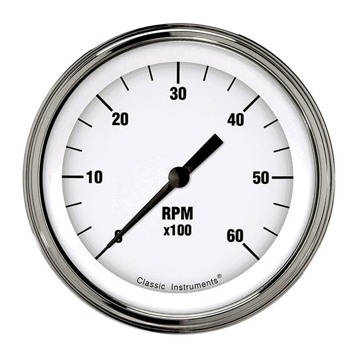 Classic Instruments White Hot Series Tachometers WH60SLF Gauges, Tachometers, 0-8,000 rpm, Analog, Electrical, 3 3/8 in., Face, Black Numbers, Flat Glass Lens, Each