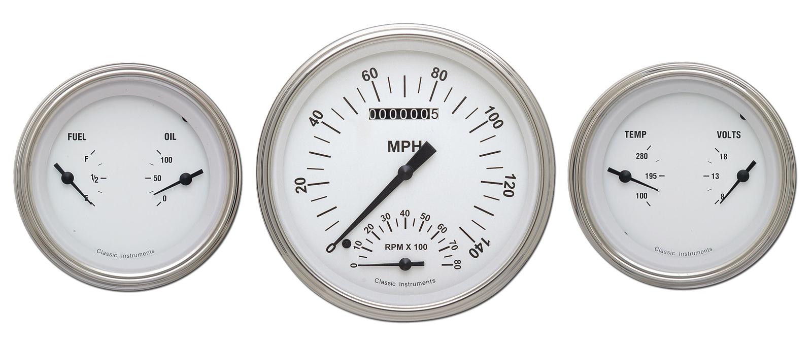 Classic Instruments White Hot Series Gauge Sets WH61SLC Gauges, Hot, Speedometer, Tach, Water Temperature, Fuel Level, Voltmeter, Face, Analog, Set of 3