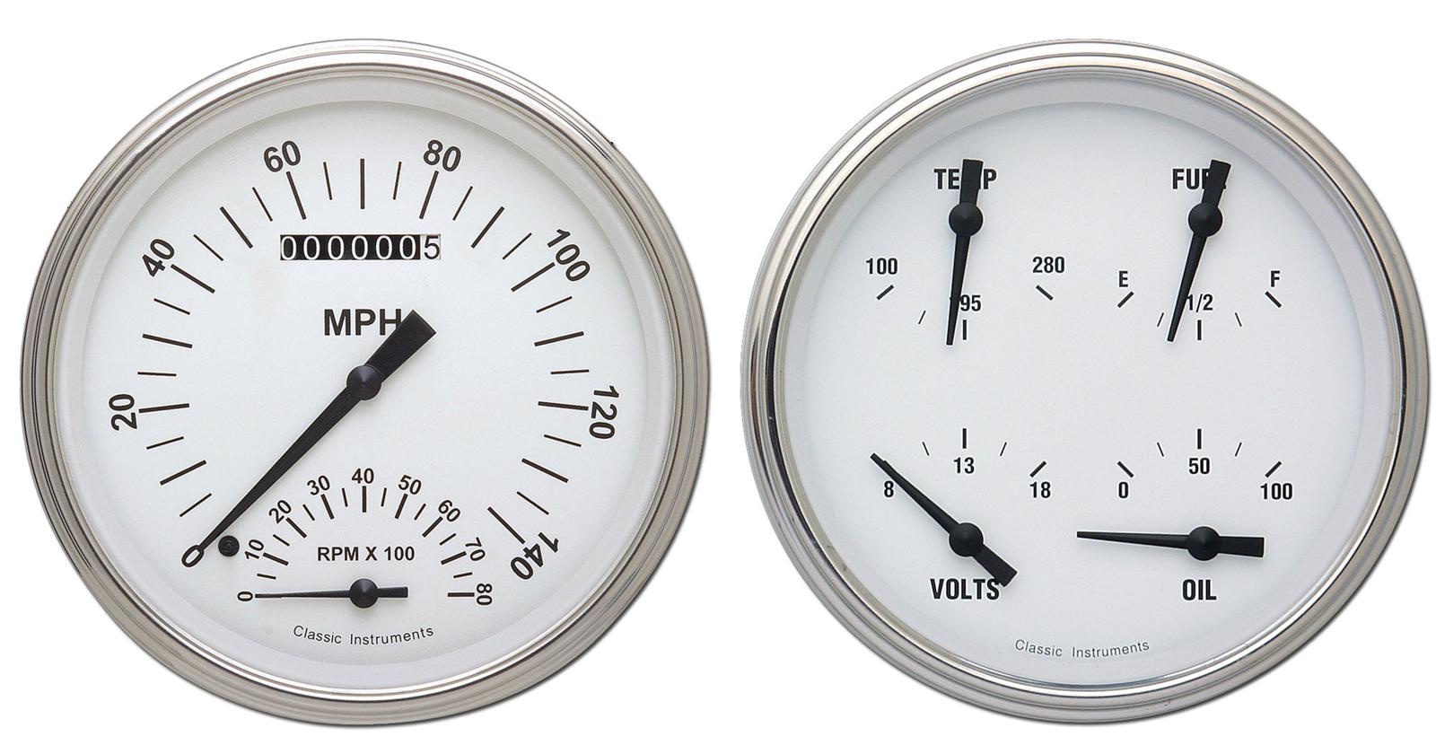 Classic Instruments White Hot Series Gauge Sets WH62SLF Gauges, Series, Speedometer, Tach, Water Temperature, Fuel Level, Face, Analog, Pair