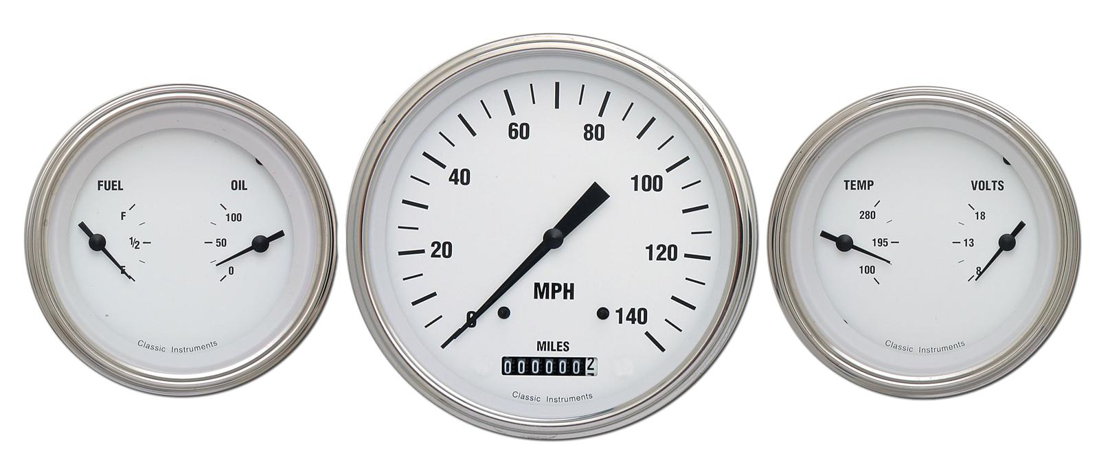 Classic Instruments White Hot Series Gauge Sets WH64SLC Set, Series, Analog, Electronic, Face, Black Pointer, Polished Bezel, Curved Lens, Kit
