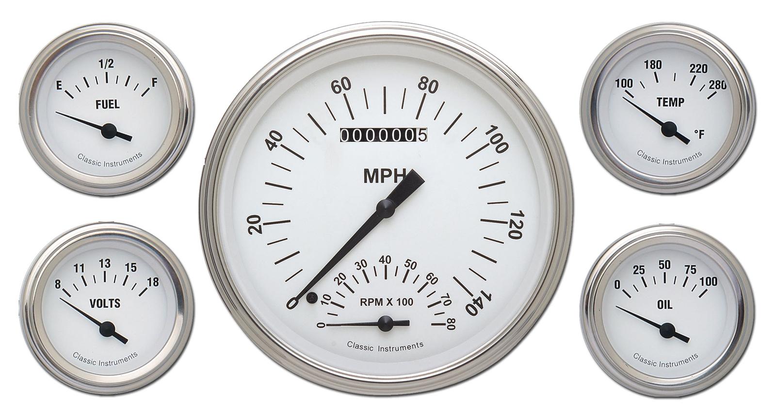 Classic Instruments White Hot Series Gauge Sets WH65SLC Gauges, Series, Speedometer, Oil Pressure, Fuel Level, Voltmeter, Face, Analog, Set of 5