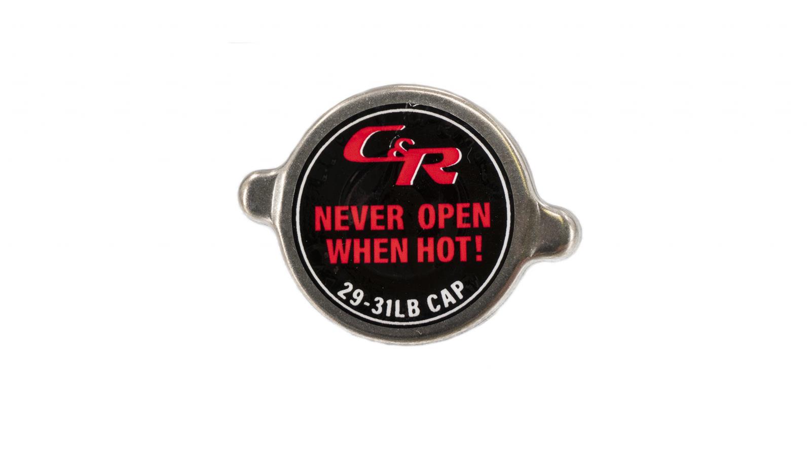 PWR North America High-Pressure Radiator Caps 50-00003 Cap, High-Pressure, Round, 31 psi, Large-style Cap, Steel, Natural, C&R Racing Logo, Each