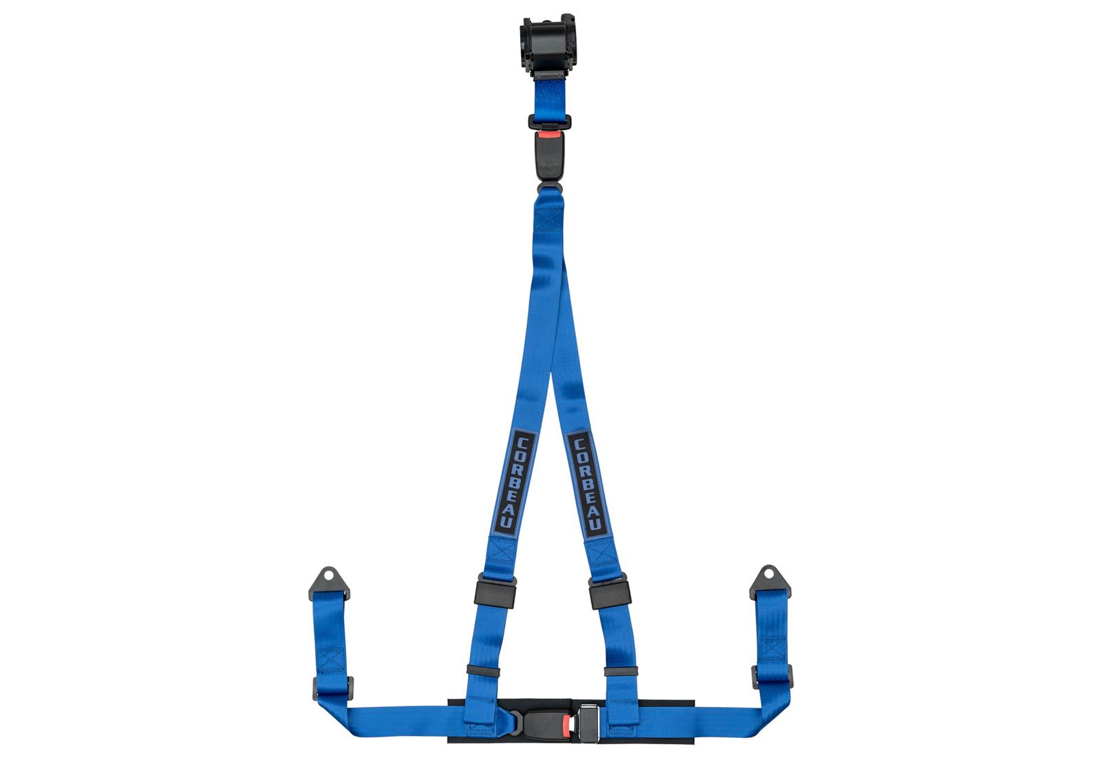 Corbeau Double Release Retractable 3-Point Harness 43305B Harness, Release, Retractable, 3-Point, Pull Down, Nylon, Blue, 2 in. Width, OEM Style Latch, Bolt-in, Each