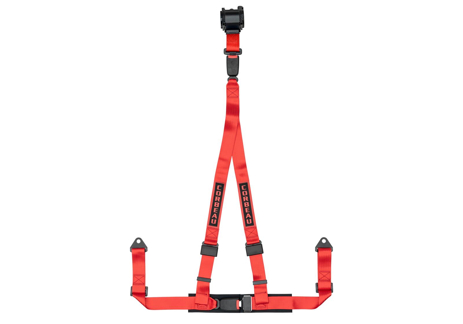 Corbeau Double Release Retractable 3-Point Harness 43307B Harness, Release, Retractable, 3-Point, Pull Down, Nylon, Red, 2 in. Width, OEM Style Latch, Bolt-in, Each