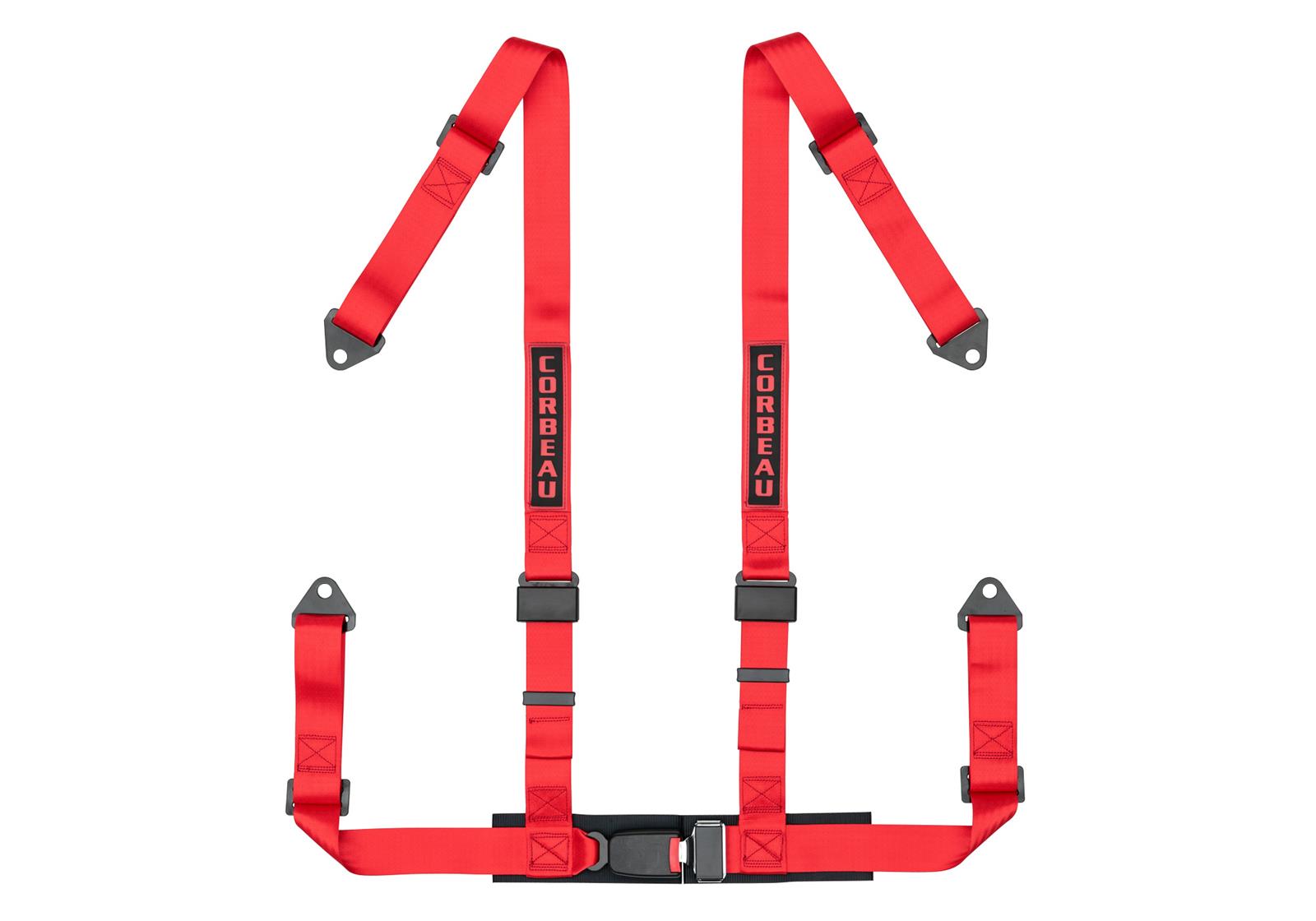 Corbeau 4-Point Harness 44007B Harness, 4-Point, Pull Down, Nylon, Red, 2 in. Width, OEM Style Latch, Bolt-in, Each