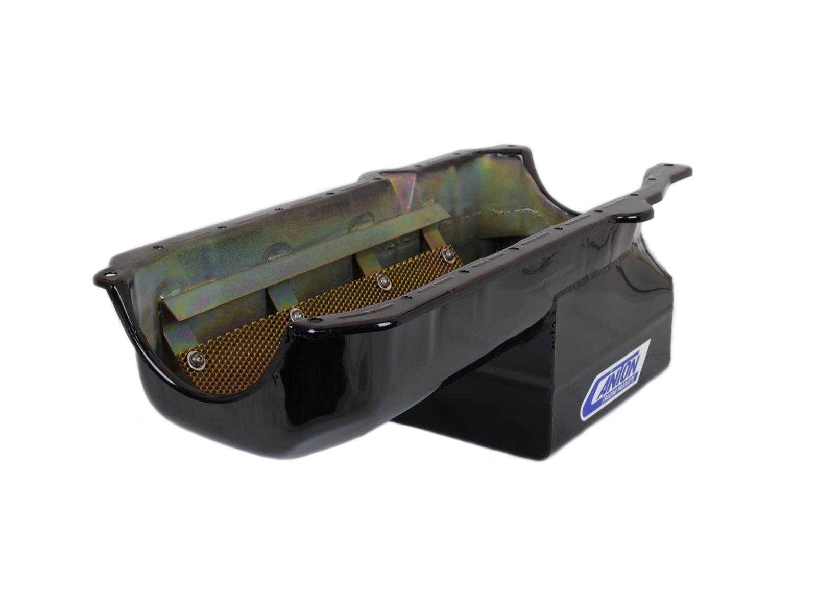 Canton Racing Drag Wet Sump Oil Pans 13-080TBLK Pan, Sump, Steel, Black Powdercoated, Rear Sump, 5 Qt., 3.875 in. Stroke, Passenger Side Dipstick, Chevy, Small Block, Each thumbnail 3