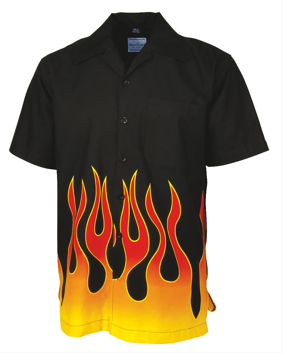 Shirt Button Down Cotton Rayon Short Sleeve Black Yellow Orange Flames ...