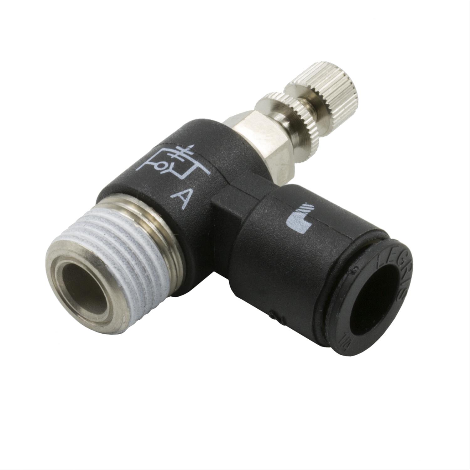 Dedenbear Shifters, Air Replacement Components ANVRAMO NEEDLE VALVE, RT. ANGLE 1/4" OD QUICK DISCONNECT TO 1/8" NPT (METER OUT) NICKEL PL.BR.