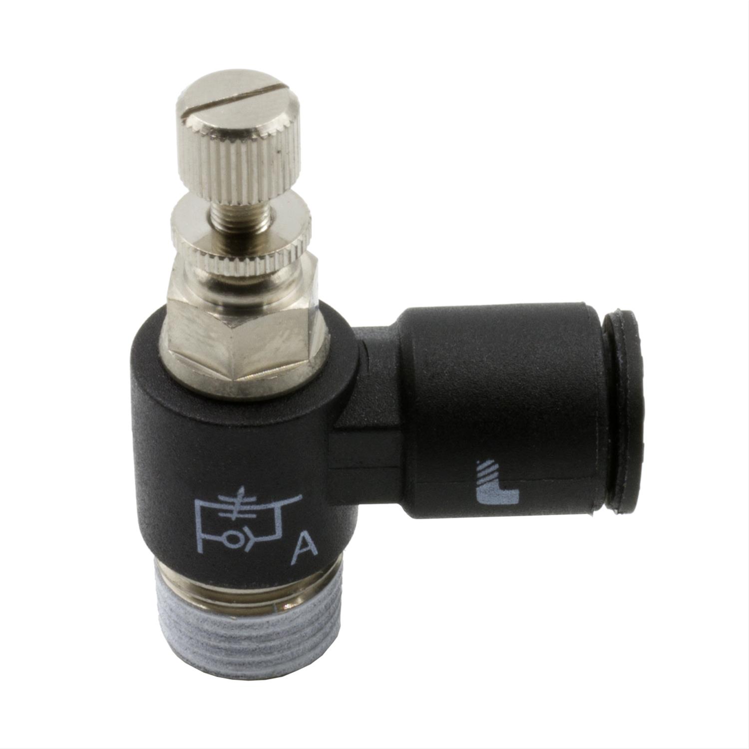 Dedenbear Shifters, Air Replacement Components ANVRAMO NEEDLE VALVE, RT. ANGLE 1/4" OD QUICK DISCONNECT TO 1/8" NPT (METER OUT) NICKEL PL.BR. thumbnail 2