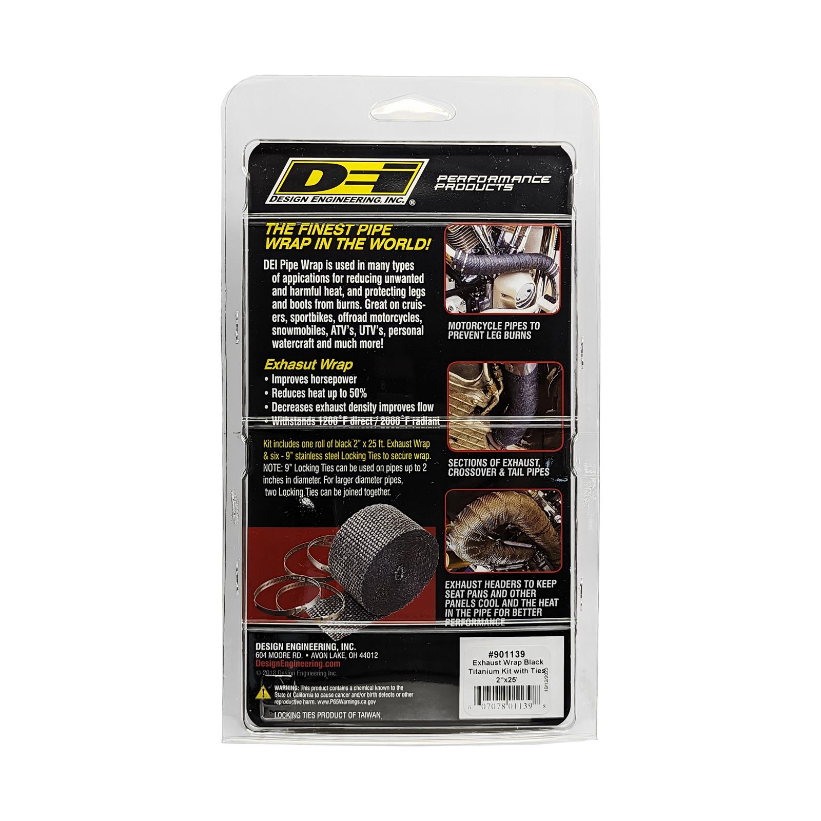 DEI Exhaust Wrap Kits 901139 and Header Wrap, Basalt Fiber, 1,800 Degrees F Direct Heat, 2,500 Degrees F Radiant Heat, Black, 2 in. Wide x 25 ft., Each