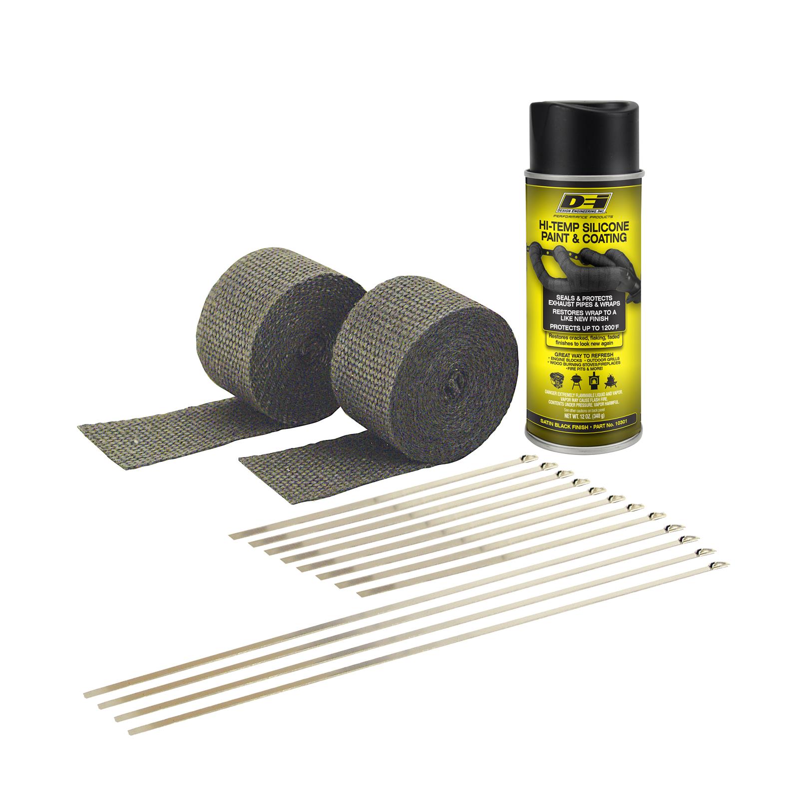 DEI Exhaust Wrap Kits 901330 and Header Wrap, Glass Fiber, 1,200 Degrees F Direct Heat, 2,000 Degrees F Radiant Heat, Black, 2 in. Wide x 15 ft., Locking Ties, Kit