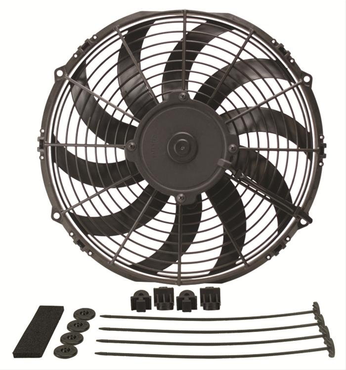 12 Inch 1,328 CFM Derale High-Output Curved Blade Fan 16112 Fan, Electric, Single, High Output, Blades, cfm, 14.20 amps, 10 Plastic Blades, Black, Puller