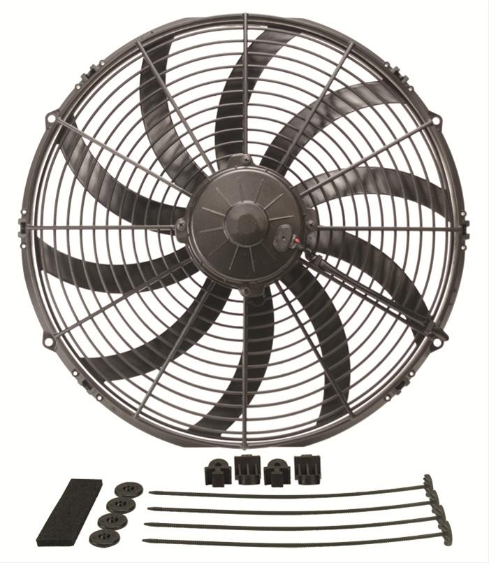 16 Inch 2,024 CFM Derale High-Output Curved Blade Fan 16116 Fan, Electric, Single, cfm., 16.250 in. Height, 15.688 in. Width, Puller, Each