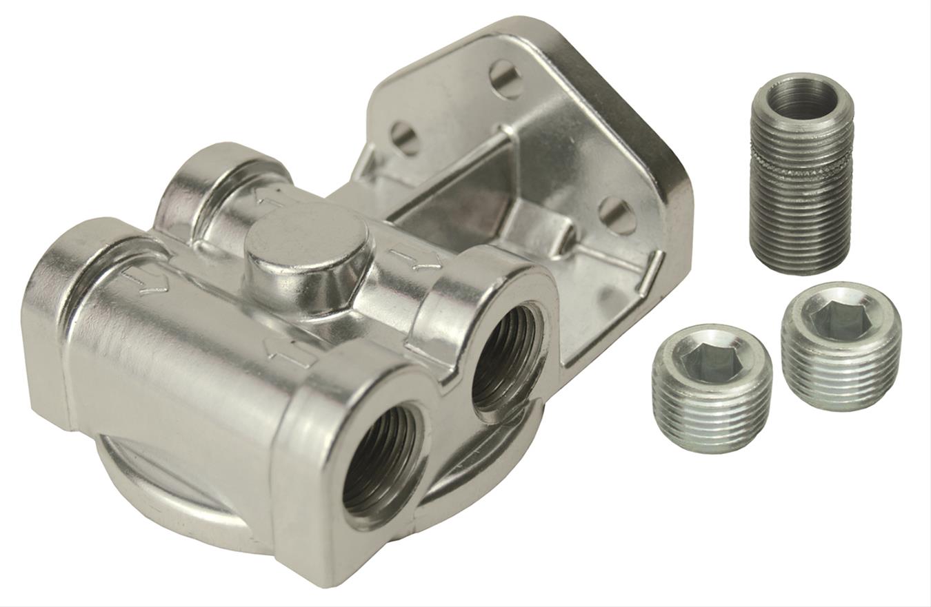 Derale Remote Filter Mounts 25049 Oil Mount, Single Filter, Dual 3/8 in. NPT Inlet/Outlet, 3/4 in.-16 Thread Filter, Aluminum, Each