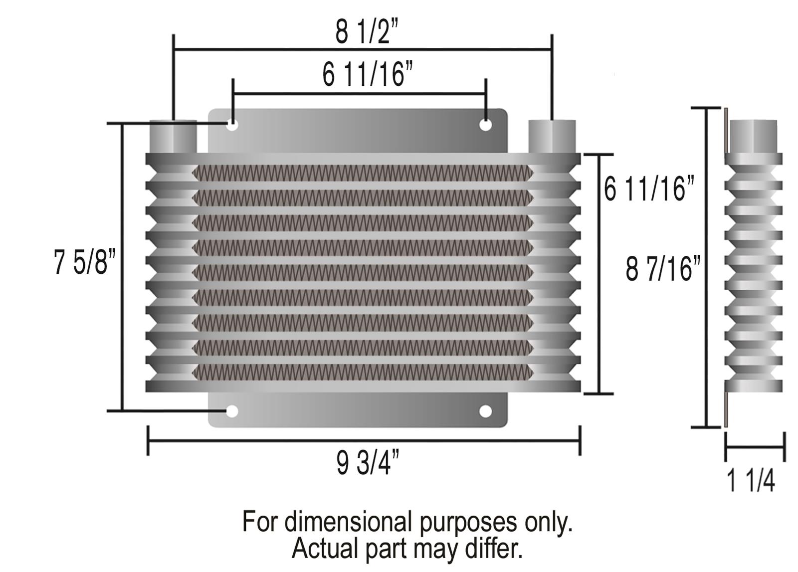 Derale 9000 Series Fin and Plate Transmission Coolers 33603 Fluid Cooler, Plate-Fin Type, Aluminum, 9.750 in. x 8.437 in. x 1.25 in., 1/2 NPT Inlet, Outlet, Each thumbnail 2