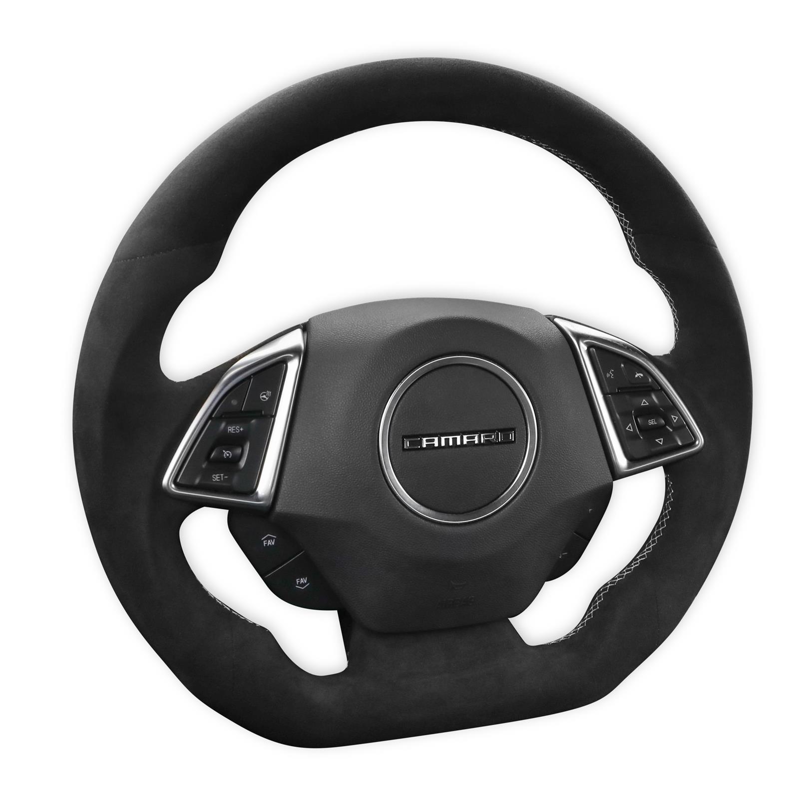 Drake Steering Wheels CA950-14 Wheel, Alcantara, Black, Flat Bottom, Silver Stitching, Reuse Airbag and Factory Controls, Chevy, Camaro, Each