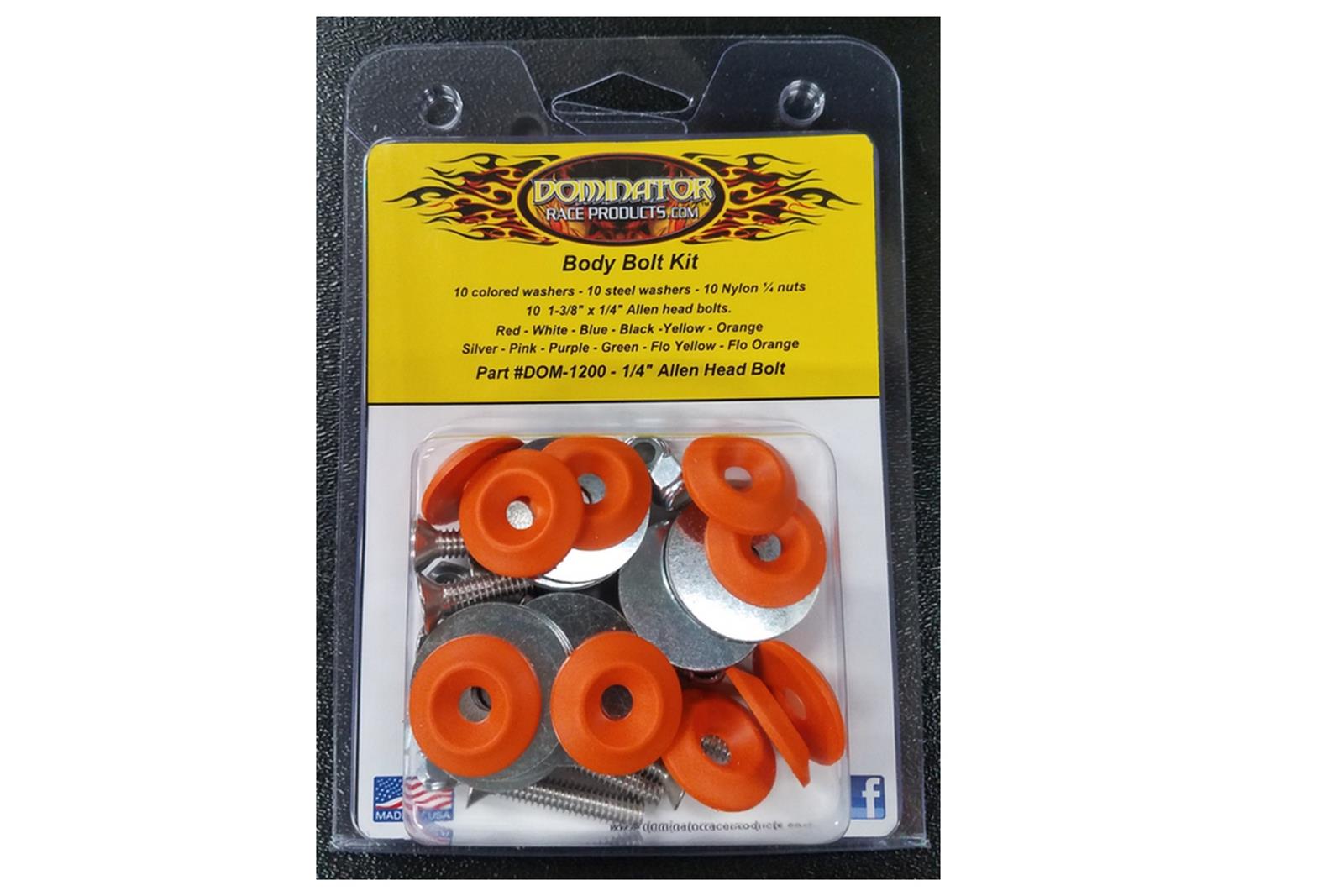 Dominator Body Bolts DOM-1200-A-OR Bolt Hardware Kit, Steel, Natural, 1/4 in. -20, Allen Head, Orange Washer, Set of 10