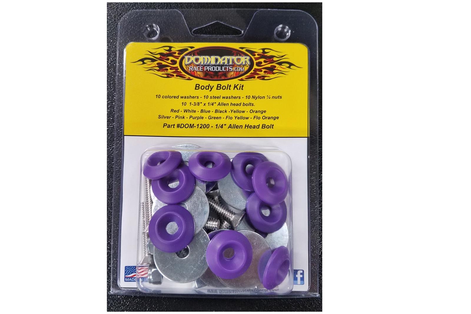 Dominator Body Bolts DOM-1200-A-PU Bolt Hardware Kit, Steel, Natural, 1/4 in. -20, Allen Head, Purple Washer, Set of 10