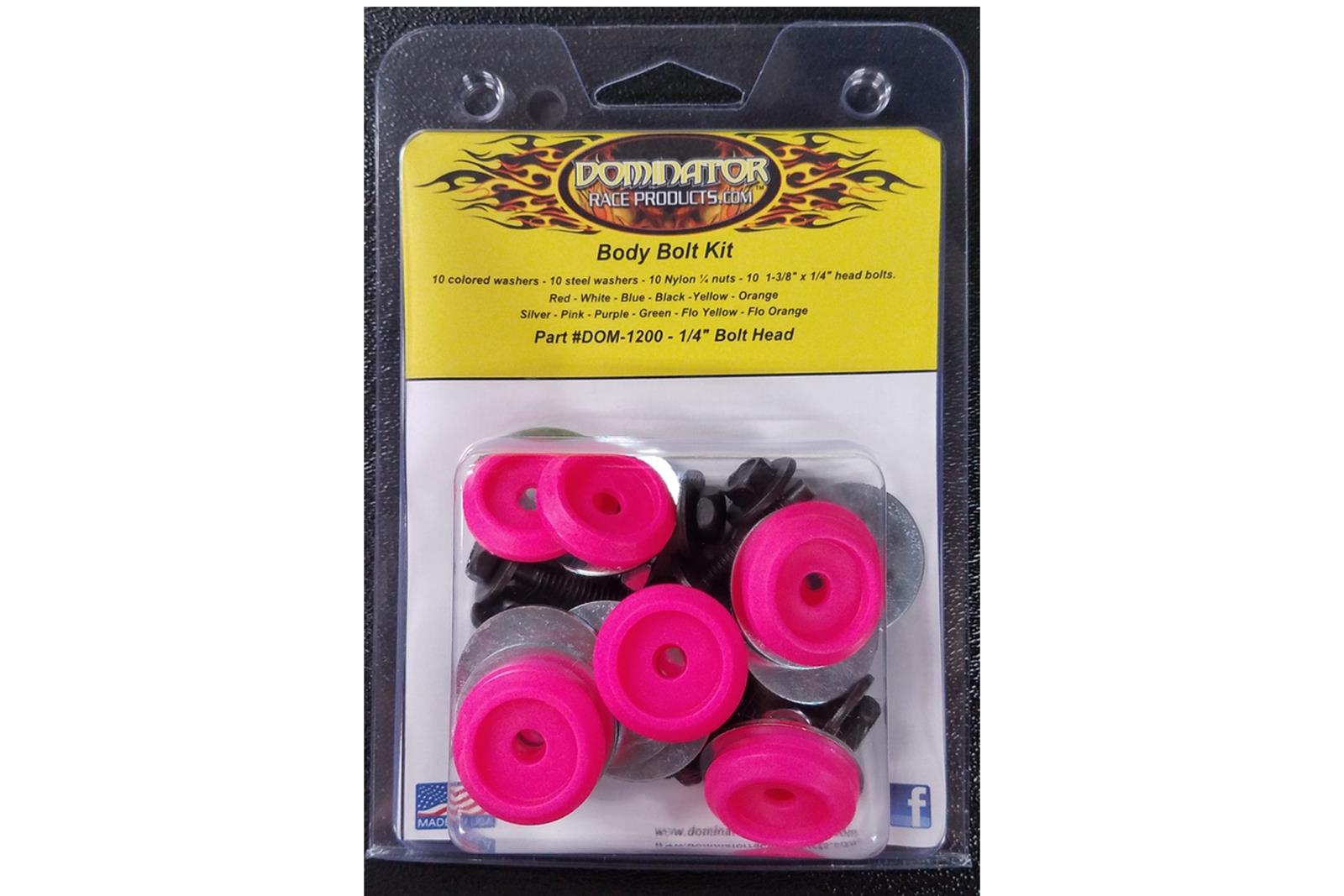 Dominator Body Bolts DOM-1200-B-PK Bolt Hardware Kit, Steel, Natural, 1/4 in. -20, Hex Head, Pink Washer, Set of 10 thumbnail 2