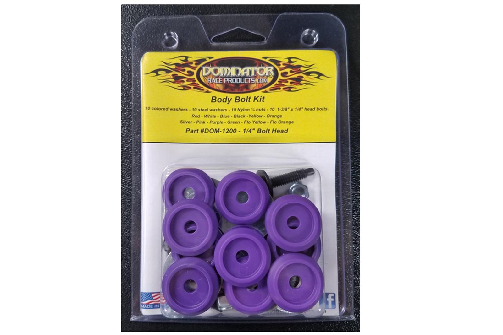Dominator Body Bolts DOM-1200-B-PU Bolt Hardware Kit, Steel, Natural, 1/4 in. -20, Hex Head, Purple Washer, Set of 10 thumbnail 2