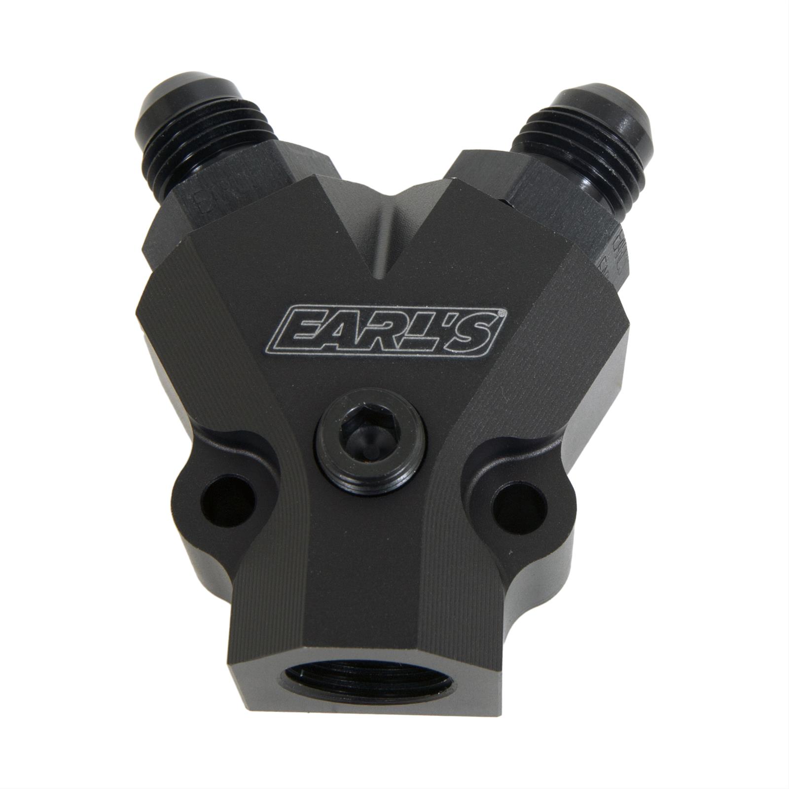 Earl's Performance Fuel Distribution Blocks 100181ERL Block, Y-Type, Billet Aluminum, Black Anodized, 3/8 in. NPT Female Inlet, -6 AN Male Outlets, Each thumbnail 2