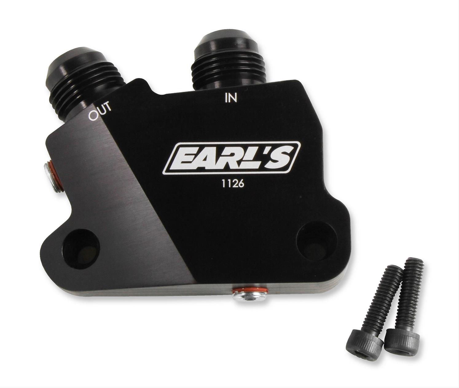 Earl's Performance Oil Cooler Adapters 1126ERL Adapter, Right Angle, -10 AN Inlet, -10 AN Outlet, Billet Aluminum, Black Anodized, Hardware, Each