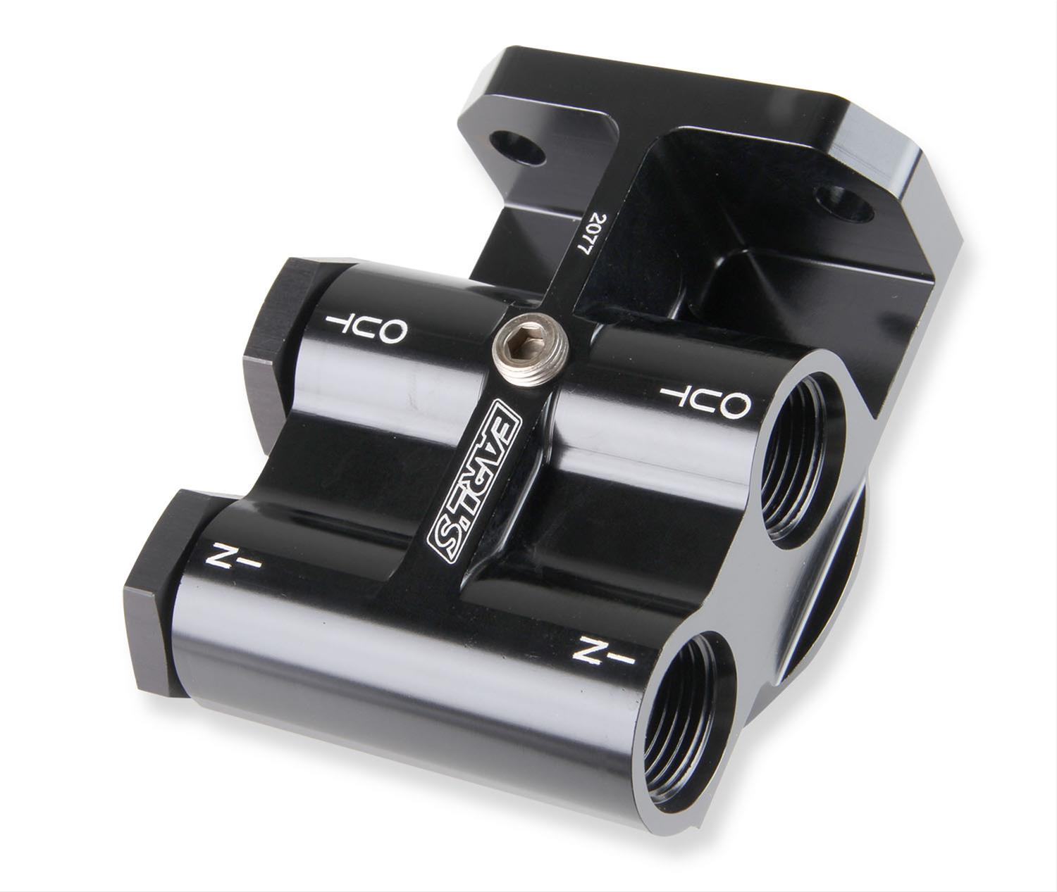 Earl's Performance Remote Oil Filter Mounts 2077ERL Mount, Remote, Billet Aluminum, Black Anodized, -10 AN O-ring Female Inlets, -10 AN Female Outlets, Each thumbnail 2