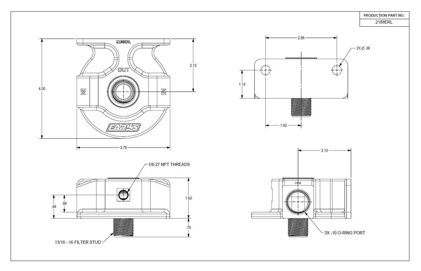 Earl's Performance Remote Oil Filter Mounts 2188ERL Mount, Remote, Billet Aluminum, Black Anodized, Two -10 AN O-ring Female Threads Inlets, One -10 AN Female Threads Outlets, Each thumbnail 6
