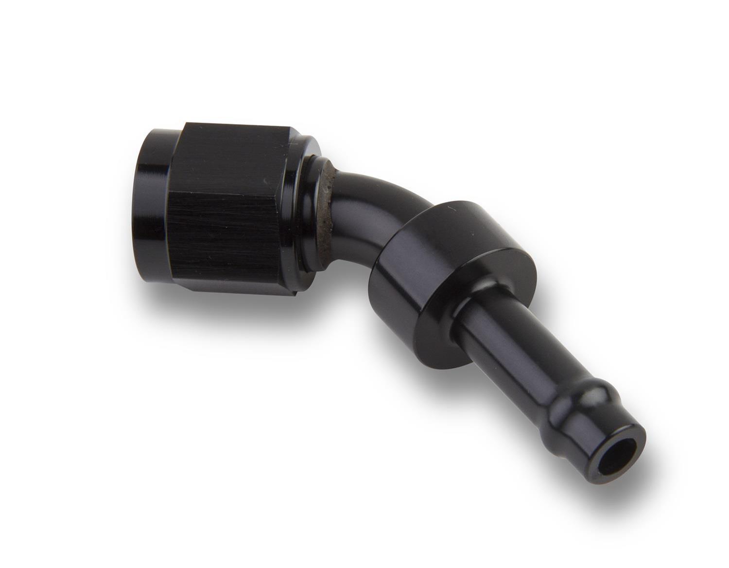 Earl's Performance Vapor Guard Hose Ends 754156ERL End, Guard, 45 degree, 5/16 in. Size, Socketless Barb, -6 AN Female Threads, Aluminum, Black, Each