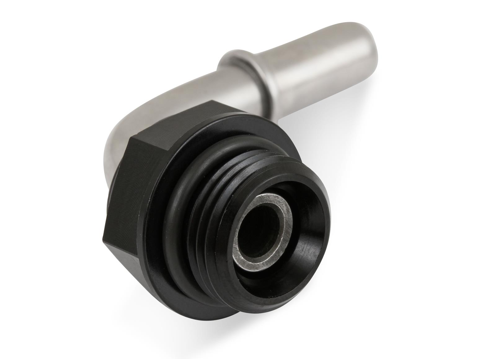 Earl's Performance Fuel Rail and Module Quick-Connect Fittings 935086ERL Fitting, EFI, 90 degree, 3/8 in. Male Quick Connect, -8 AN O-Ring Male Quick Connect, Stainless Steel/Black Anodized, Each thumbnail 3