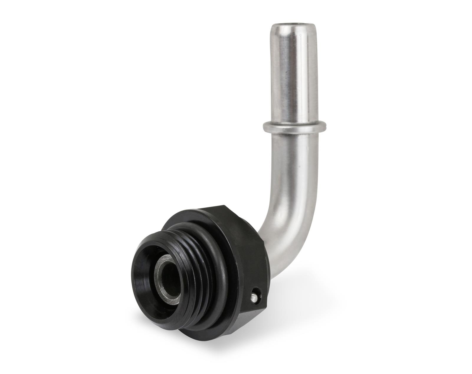 Earl's Performance Fuel Rail and Module Quick-Connect Fittings 935086ERL Fitting, EFI, 90 degree, 3/8 in. Male Quick Connect, -8 AN O-Ring Male Quick Connect, Stainless Steel/Black Anodized, Each