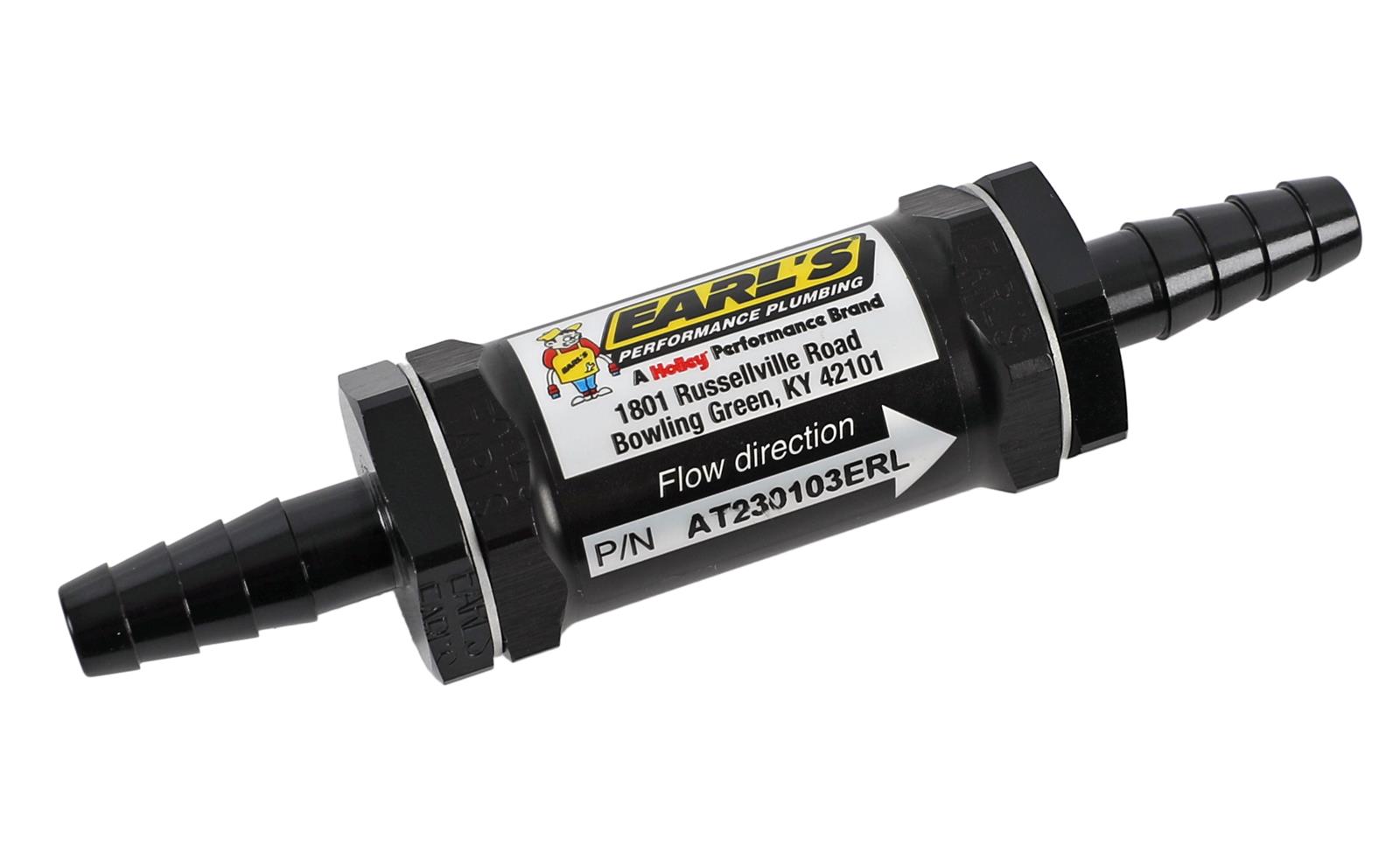 Earl's Performance Inline 35 Microns Fuel Filter with 5/16 in., 3/8 in. Inlet Size AT230103ERL Filter, Inline, Aluminum Housing, Black Anodized, Sintered Bronze Element, 4.625 Overall Length, Each