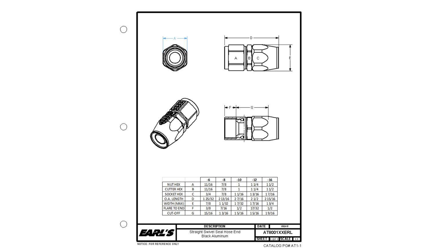 Earl's Performance Swivel-Seal Hose Ends AT800116ERL Fitting, End, Swivel-Seal, Straight, -16 AN to Female -16 AN, Aluminum, Black, Each thumbnail 2