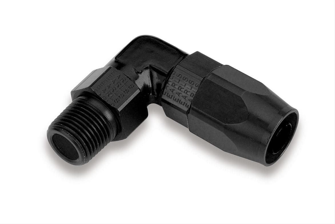 Earl's Performance Swivel-Seal Coupler Hose Ends AT829066ERL Fitting, End, Swivel Seal Coupler, 90 Degree, Aluminum, Black Anodized, -6 AN Swivel, 3/8 in. NPT Male