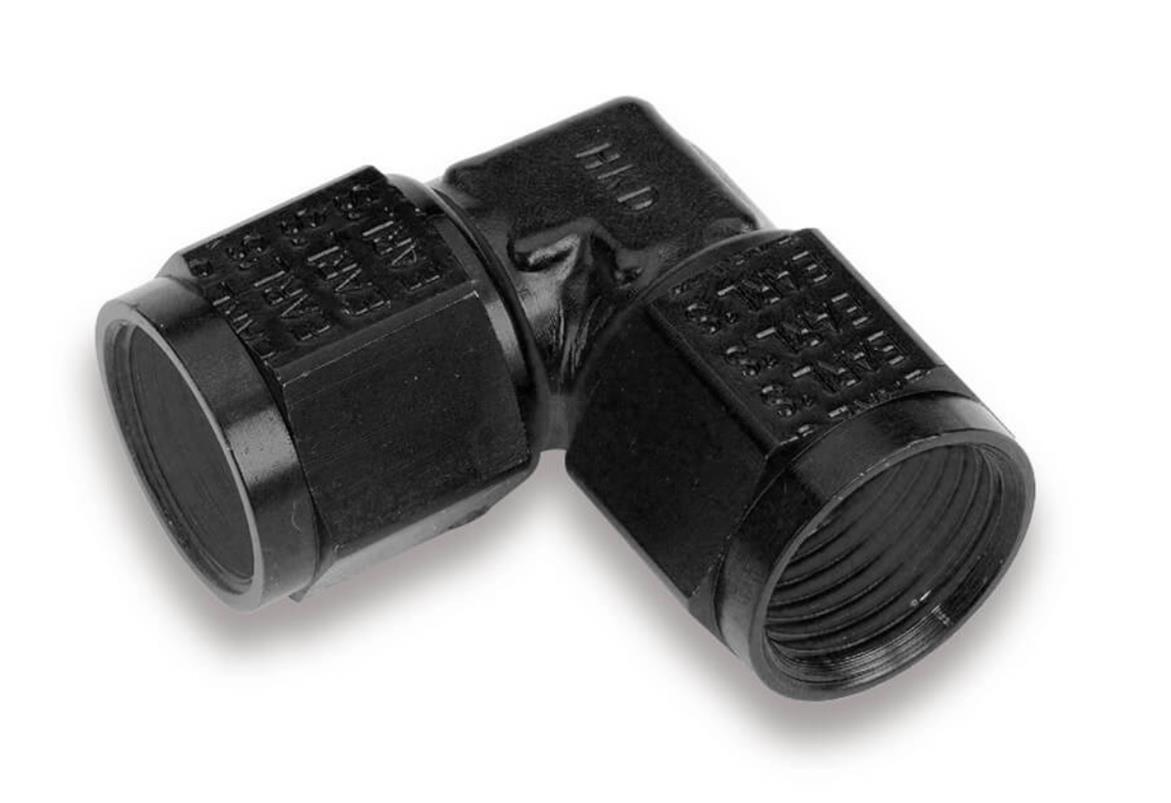 Earl's Performance Couplers AT934106ERL Fitting, Coupler, Union, AN to AN, 90 Degree, Aluminum, Black Anodized, -6 AN, -6 AN, Swivel, Each thumbnail 2
