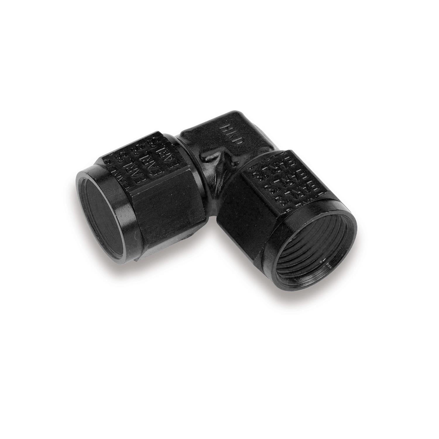 Earl's Performance Couplers AT934108ERL Fitting, Coupler, Union, AN to AN, 90 Degree, Aluminum, Black Anodized, -8 AN, -8 AN, Swivel, Each