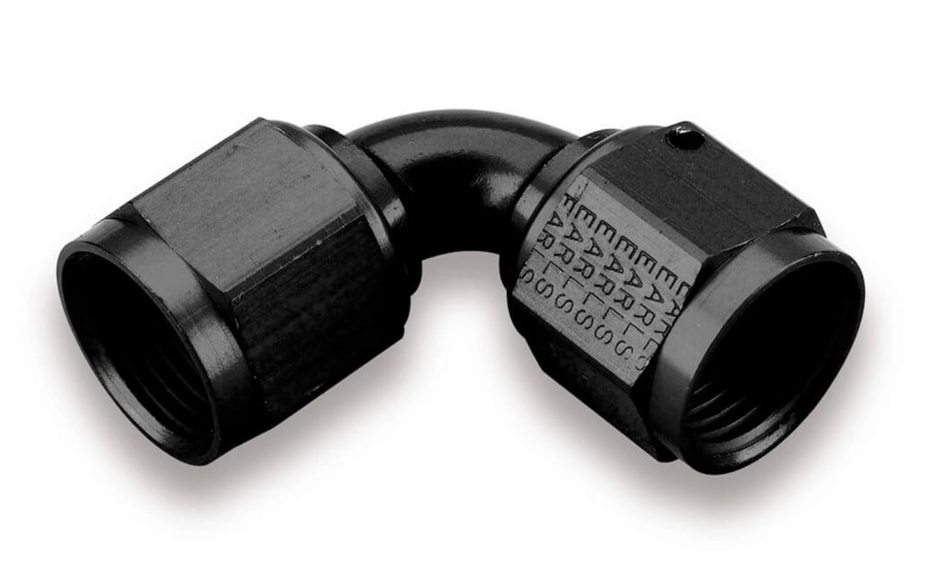 Earl's Performance Couplers AT935106ERL Fitting, Coupler, Union, AN to AN, 90 Degree, Aluminum, Black Anodized, -6 AN, -6 AN, Swivel, Each thumbnail 2