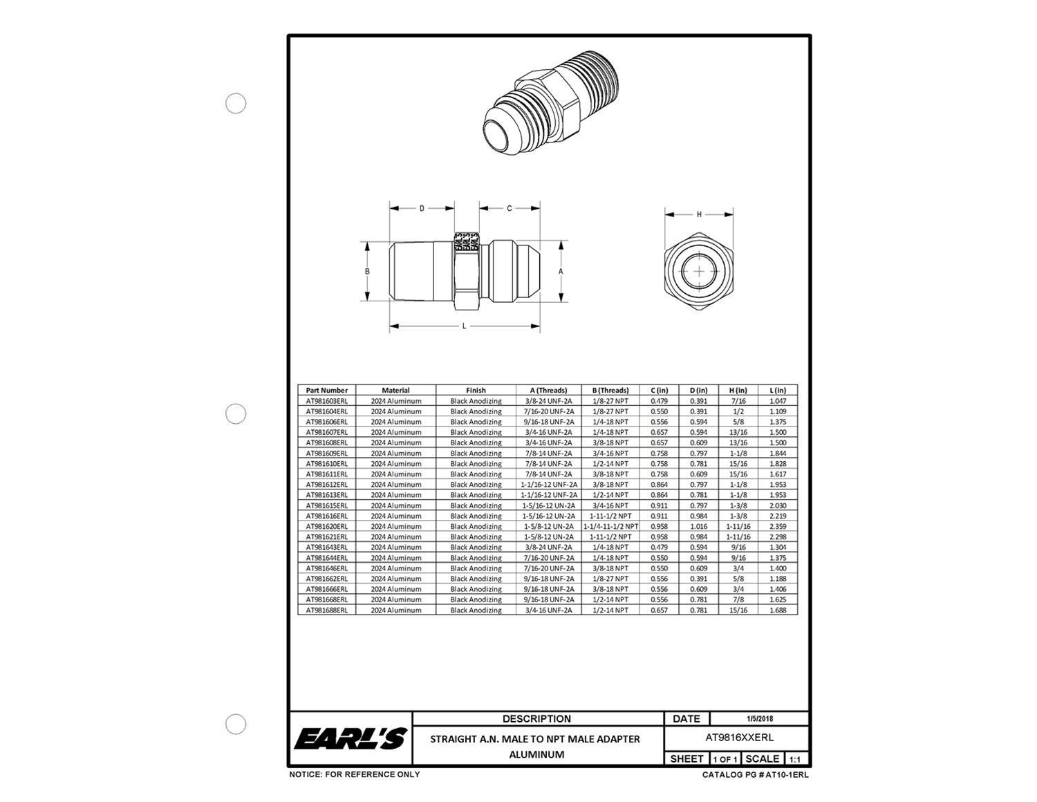 Earl's Performance AN to NPT Adapter Fittings AT981644ERL Fitting, Adapter, NPT, Straight, Aluminum, Black Anodized, -4 AN, 1/4 in. NPT, Each
