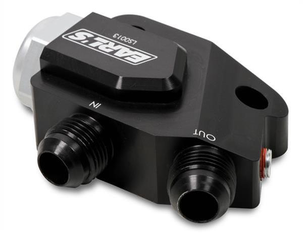 Earl's Performance Oil Cooler Adapters LS0013ERL Adapter, Right Angle, -10 AN Inlet, -10 AN Outlet, Billet Aluminum, Black Anodized, 212 Degree Thermostat, Hardware, Each thumbnail 3