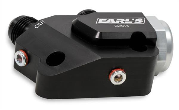 Earl's Performance Oil Cooler Adapters LS0013ERL Adapter, Right Angle, -10 AN Inlet, -10 AN Outlet, Billet Aluminum, Black Anodized, 212 Degree Thermostat, Hardware, Each thumbnail 4