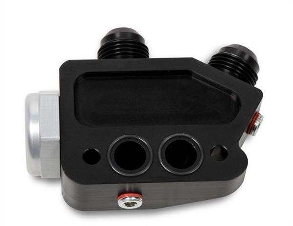 Earl's Performance Oil Cooler Adapters LS0013ERL Adapter, Right Angle, -10 AN Inlet, -10 AN Outlet, Billet Aluminum, Black Anodized, 212 Degree Thermostat, Hardware, Each thumbnail 2