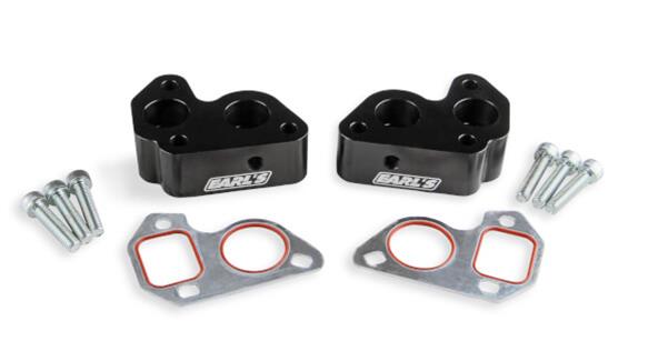 Earl's Performance Electric Water Pump Block Adapters LS0022ERL Port Adapters, Billet Aluminum, Black Anodized, Four -12AN Female Ports, Gaskets, Bolts, Chevrolet, LS, Pair thumbnail 5