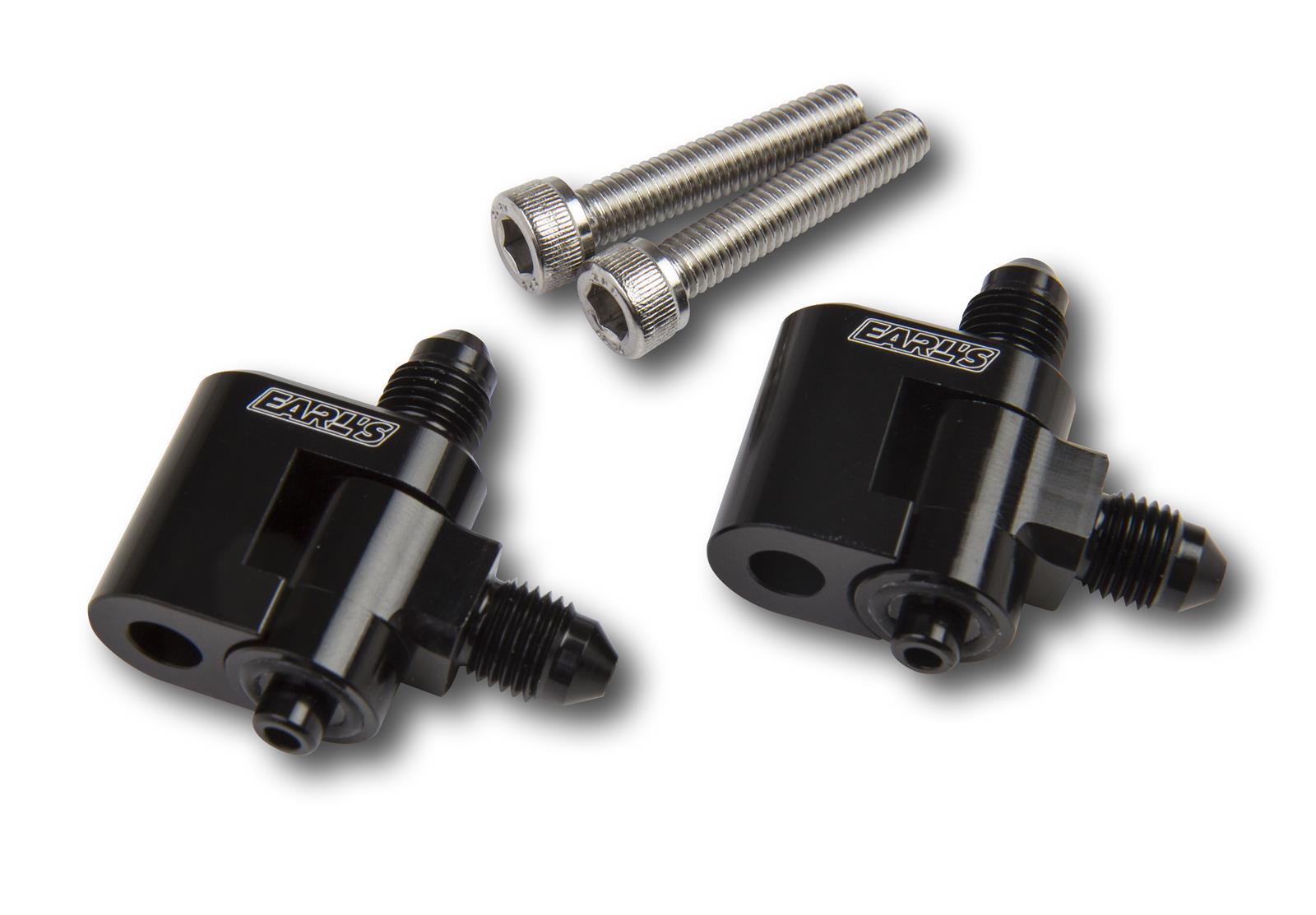 Earl's Performance LS Steam Vent Adapters LS9805ERL Coolant Crossover Components, Adapters, Fitting Type, Male Swivel Elbow, Dual -4 AN Outlets, Aluminum, Black Anodized, Chevy, LS, Pair