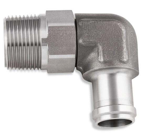 Earl's Performance Hose Barb to Pipe Thread Adapters SS988413ERL Fitting, Adapter, NPT Barb, 90 Degree, Stainless Steel, Natural, 3/4 in., 1/2 in., Swivel, Each thumbnail 2