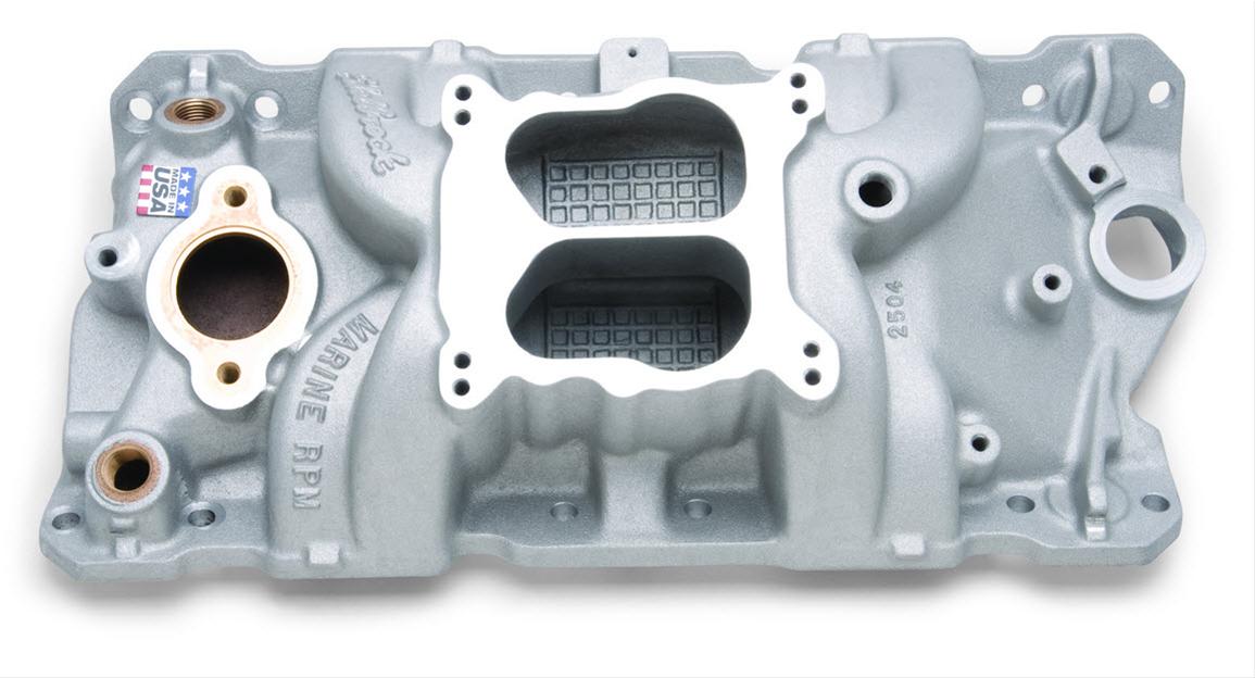 Edelbrock Manifold SBC 23-Degree Marine RPM 1955-1986 w/ Brass thumbnail 2