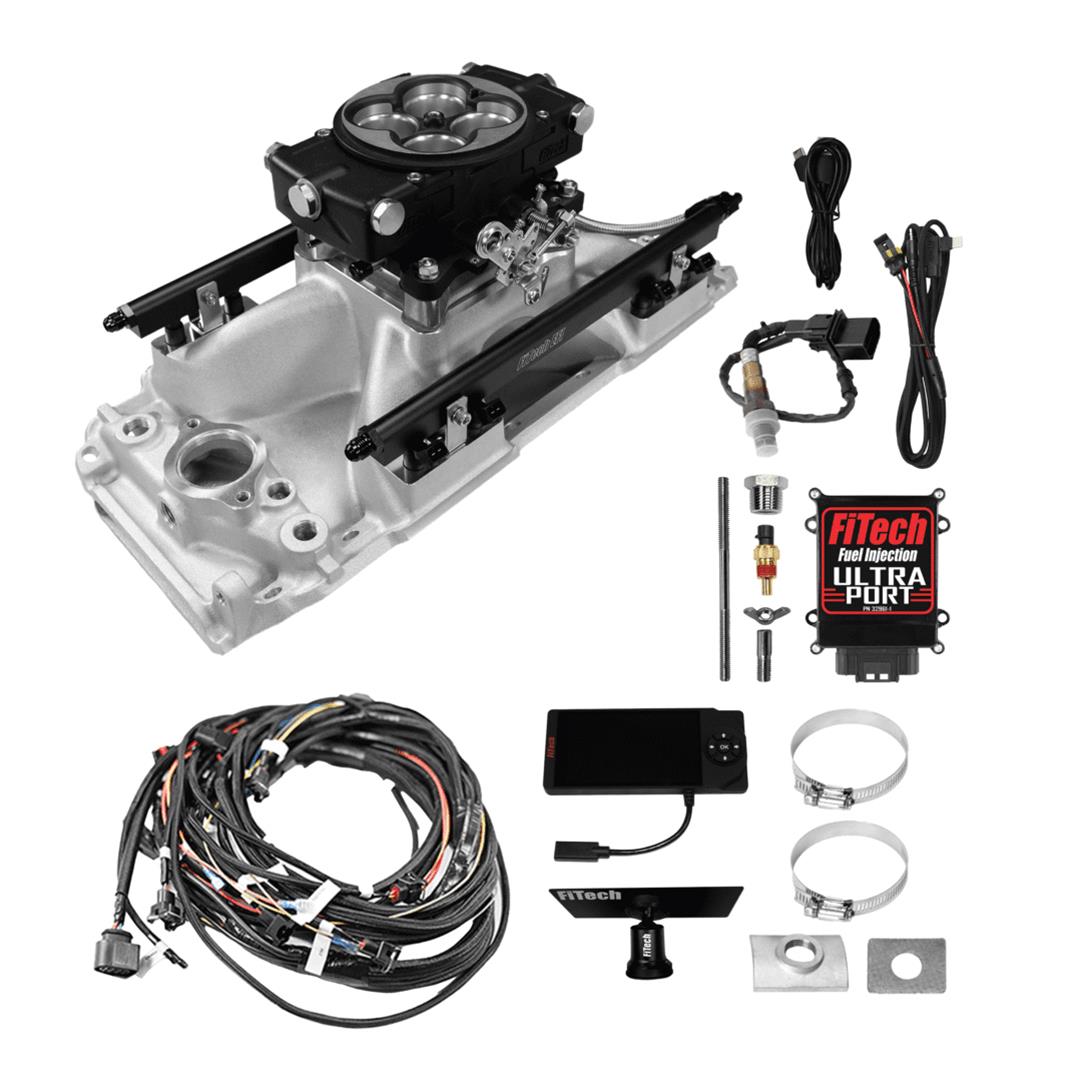 FiTech Ultra Port EFI BBC Systems 30-11-515 Fuel Injection Systems, EFI, Intake Manifold, Black Throttle Body, ECM, Gasoline, E85, 500 HP, Chevy, Big Block, Oval Port, Kit