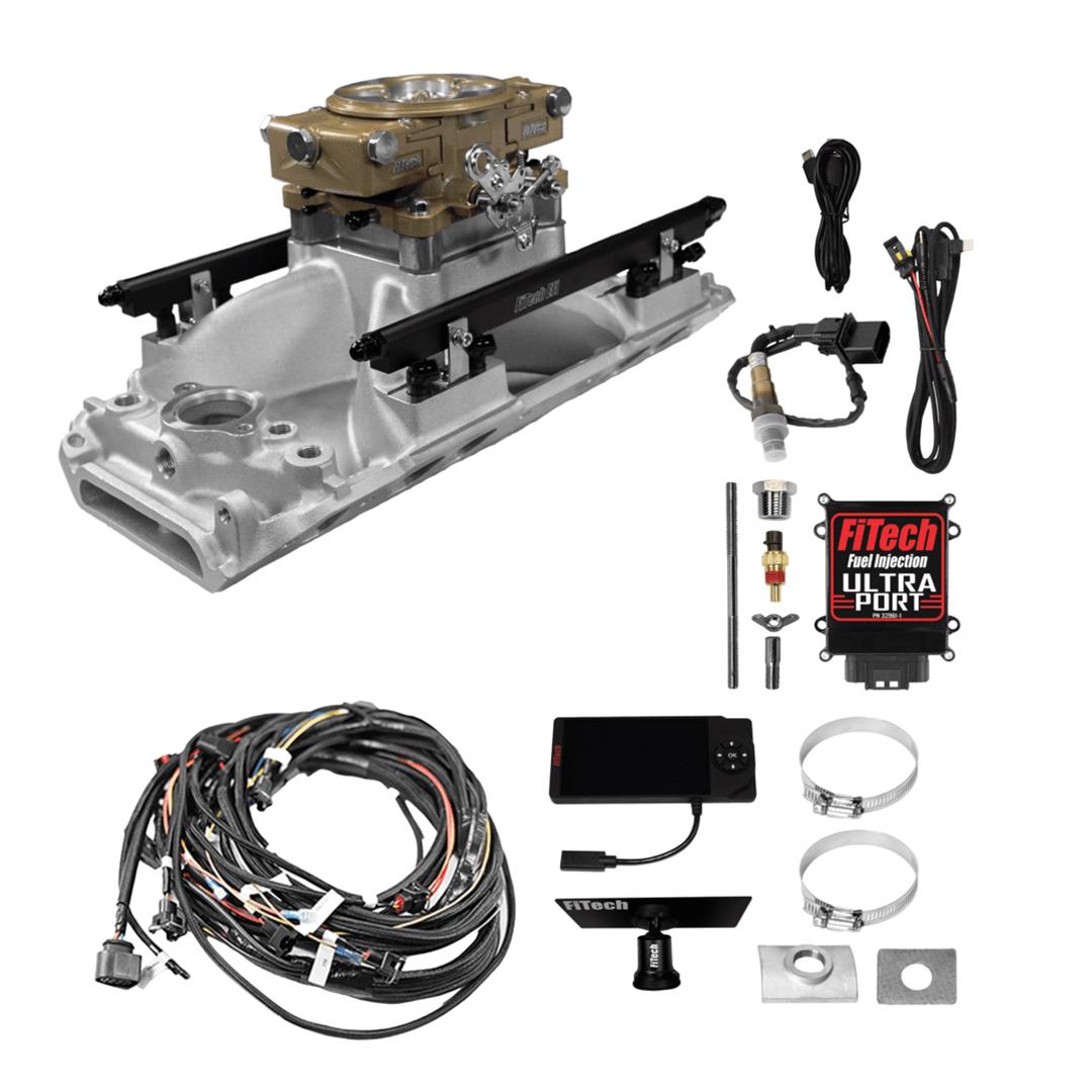 FiTech Ultra Port EFI BBC Systems 30-11-614 Fuel Injection Systems, EFI, Intake Manifold, Gold Throttle Body, ECM, Gasoline, E85, 750 HP, Chevy, Big Block, Oval Port, Kit