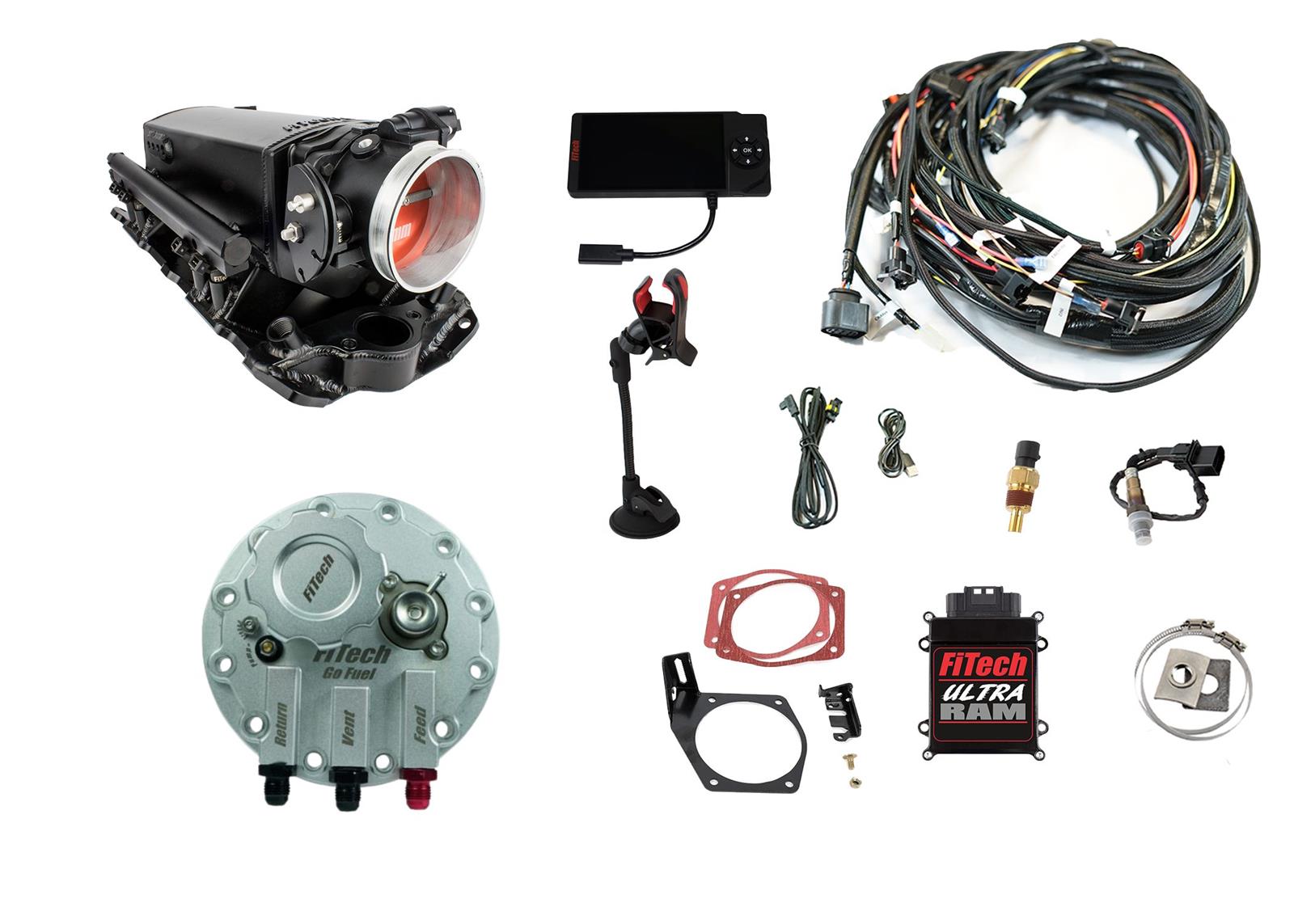 FiTech Ultra Ram EFI 650 HP In-Tank Pump/Regulator Fuel Injection Master Kits 36331 System, 650HP Self-Tuning, Throttle Body, ECM, Chevrolet, Small Block, Kit