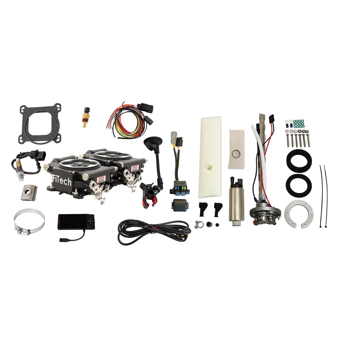FiTech Go EFI 2x4 625 HP System Fuel Injection Master Kits 36662 Matte Black With In-Tank Regulated Pump 340 LPH Kit